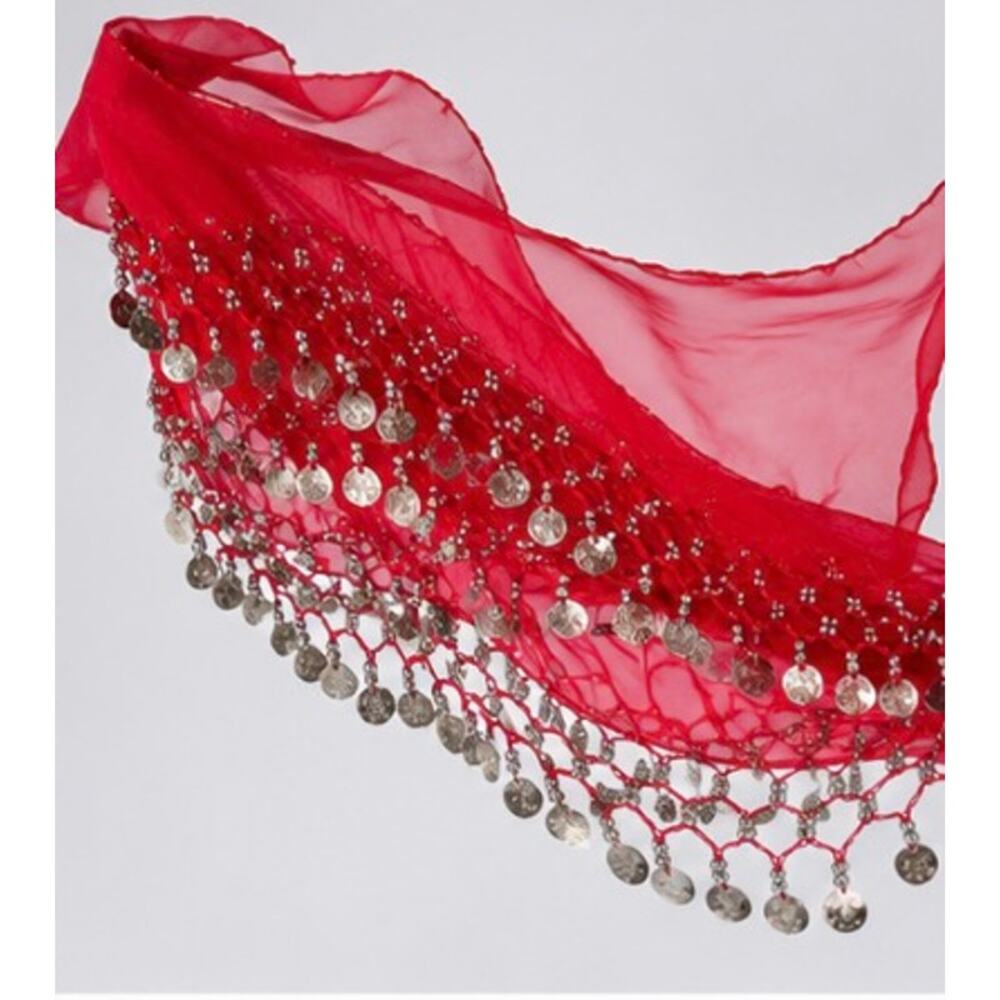 Red Belly Dance Hip Scarf Coin Wrap Sheer Chiffon Silver Tone Coins Used - Picture 2 of 16